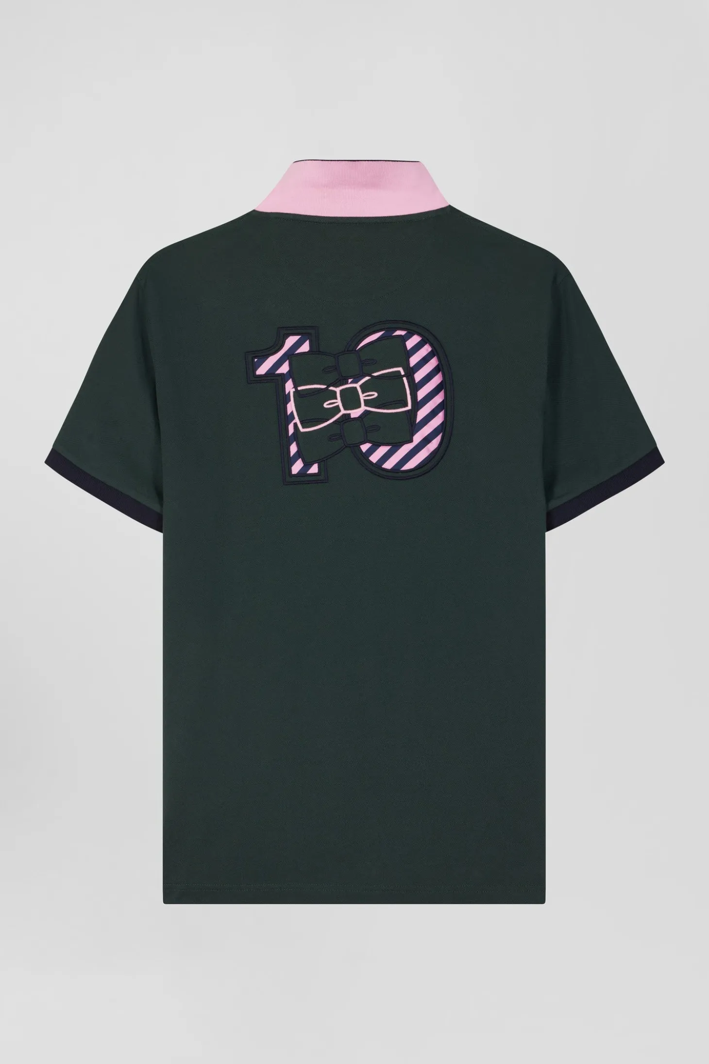 Regular green short-sleeved cotton piqué polo shirt with striped embroidery