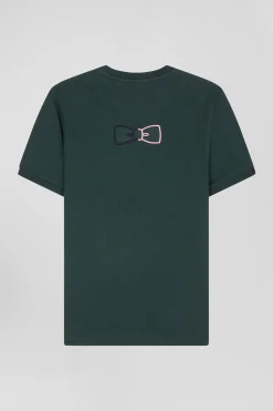Regular green short-sleeved cotton T-shirt with emblem embroidery