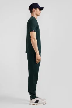 Regular green short-sleeved cotton T-shirt with emblem embroidery