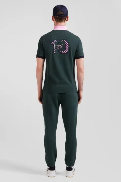 Regular green short-sleeved cotton piqué polo shirt with striped embroidery