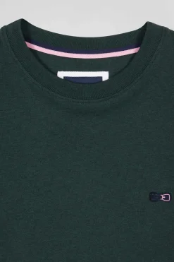Regular green short-sleeved cotton T-shirt with emblem embroidery