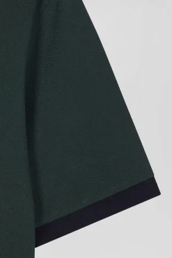 Regular green short-sleeved cotton piqué polo shirt with striped embroidery