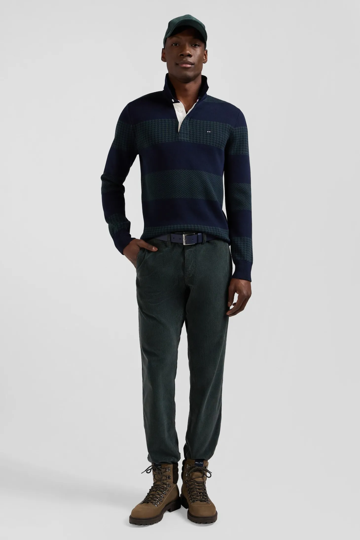 Regular green striped cotton jersey jumper with houndstooth jacquard and and rugby shirt collar