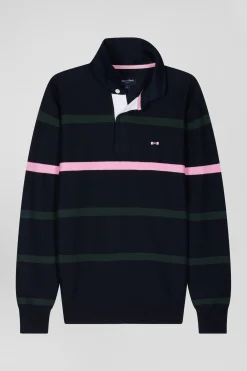Regular green striped cotton polo neck jumper