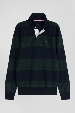 Regular green striped cotton jersey jumper with houndstooth jacquard and and rugby shirt collar