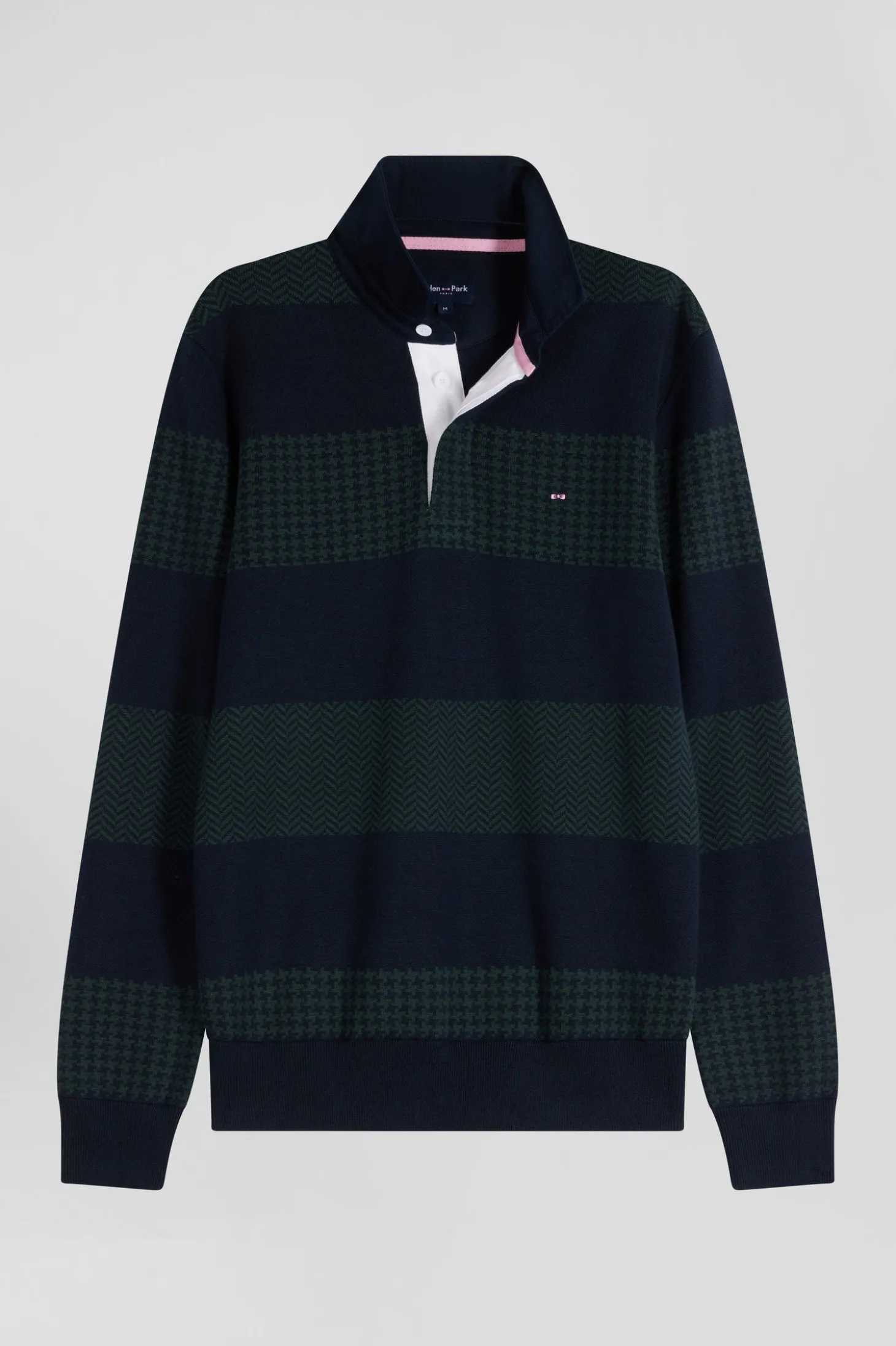 Regular green striped cotton jersey jumper with houndstooth jacquard and and rugby shirt collar