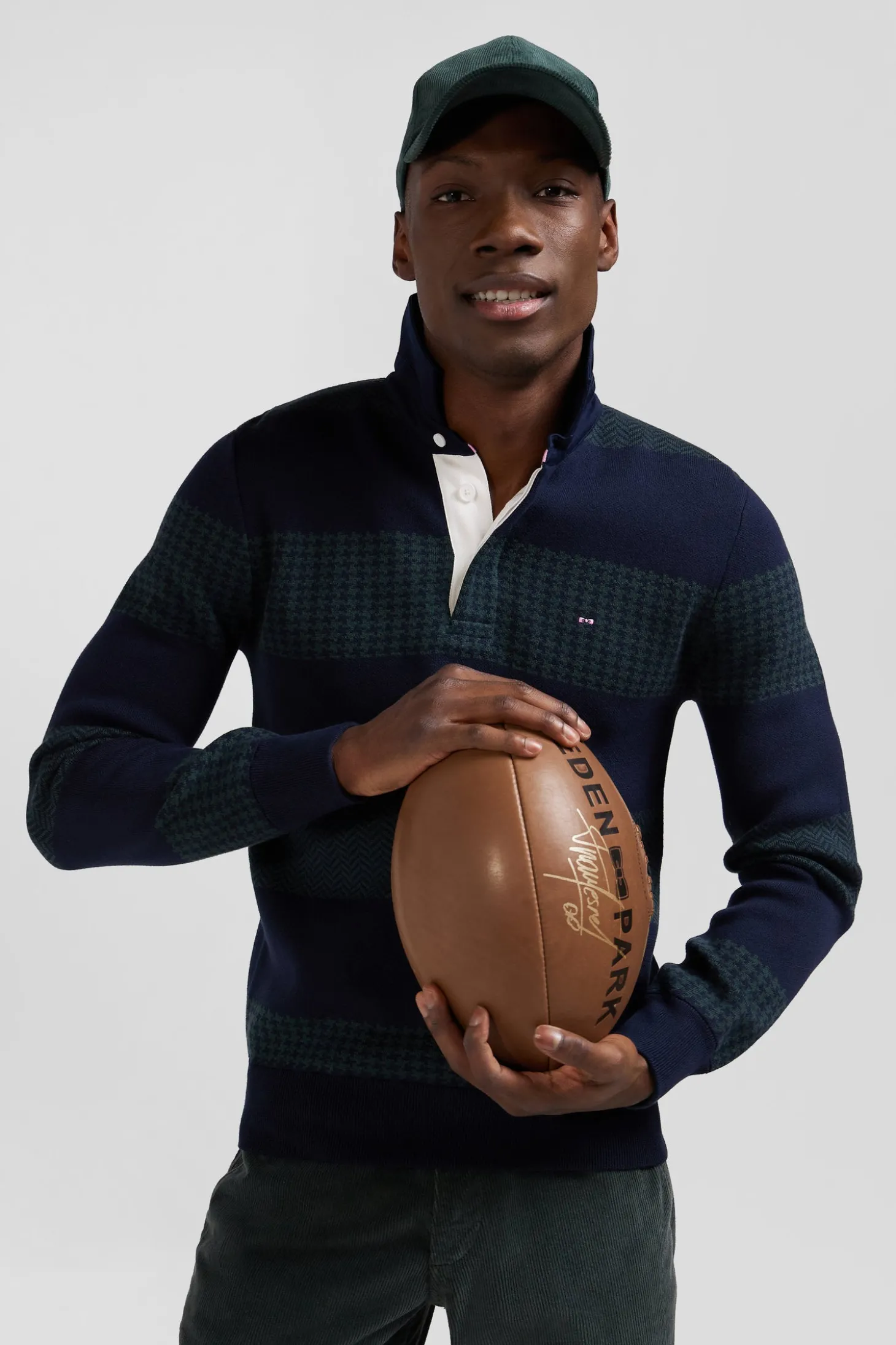 Regular green striped cotton jersey jumper with houndstooth jacquard and and rugby shirt collar