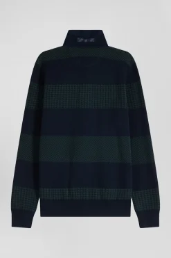 Regular green striped cotton jersey jumper with houndstooth jacquard and and rugby shirt collar