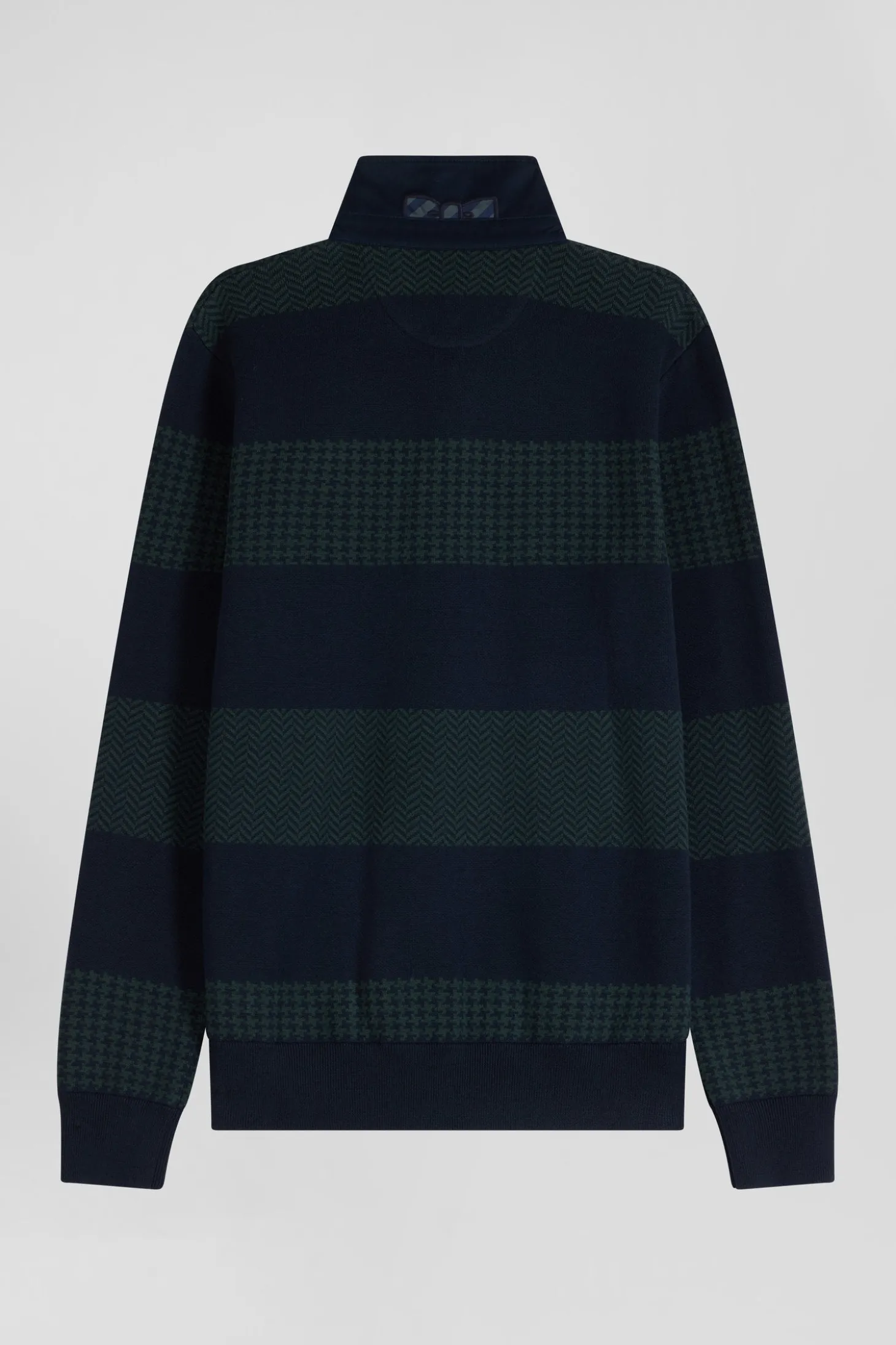 Regular green striped cotton jersey jumper with houndstooth jacquard and and rugby shirt collar