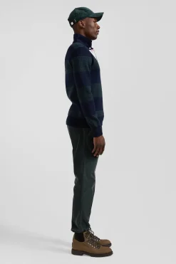 Regular green striped cotton jersey jumper with houndstooth jacquard and and rugby shirt collar