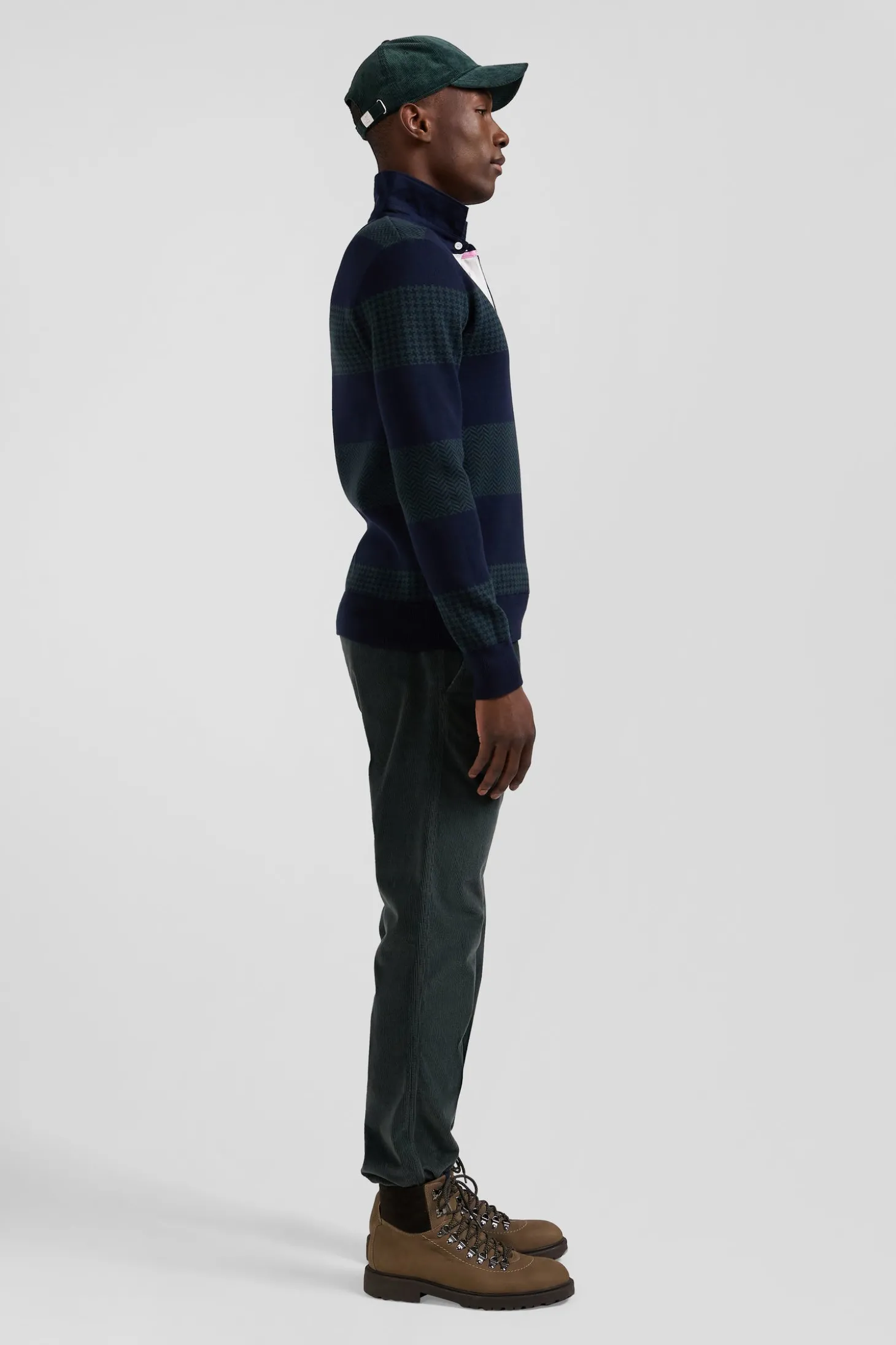 Regular green striped cotton jersey jumper with houndstooth jacquard and and rugby shirt collar
