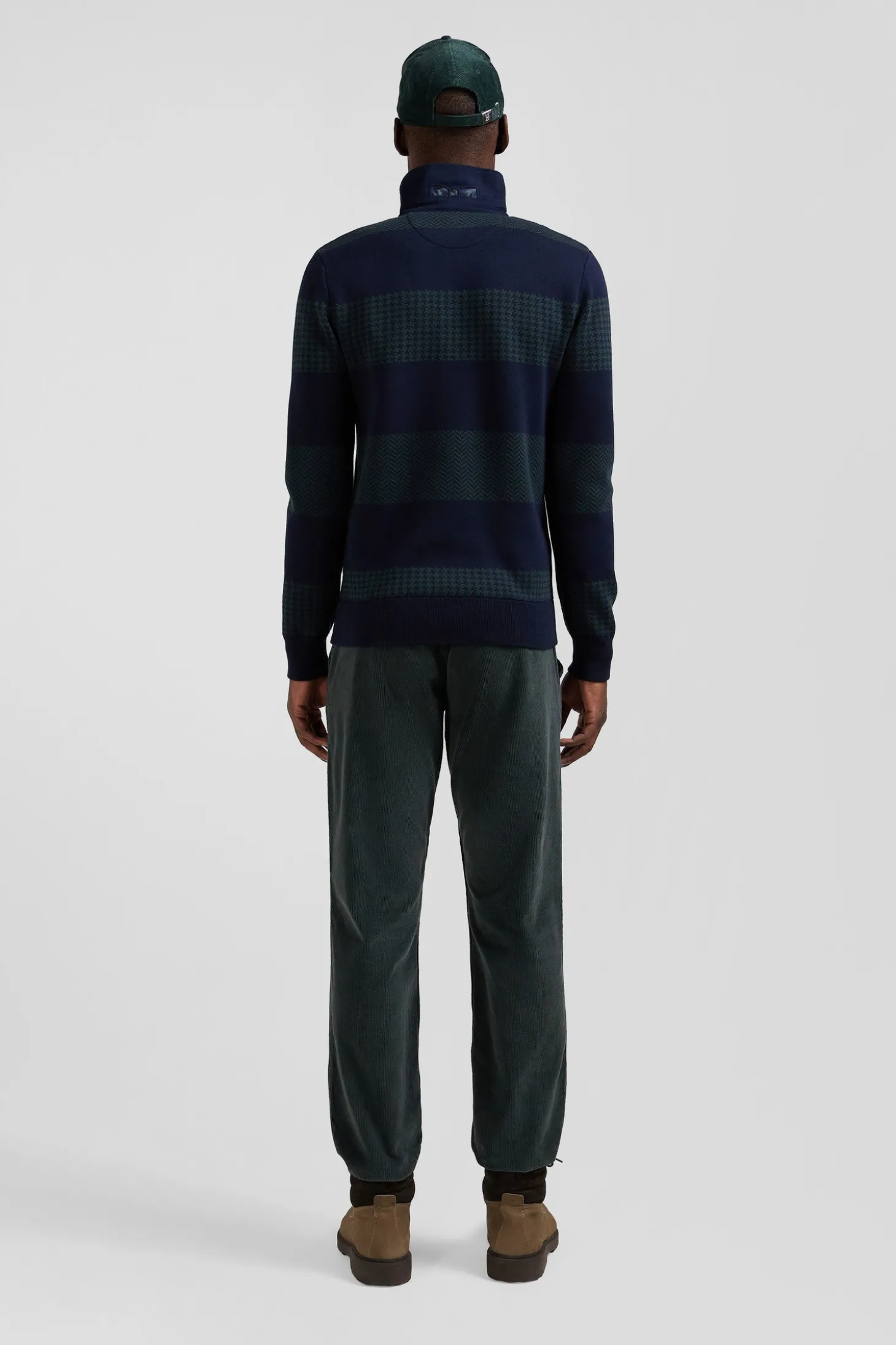Regular green striped cotton jersey jumper with houndstooth jacquard and and rugby shirt collar