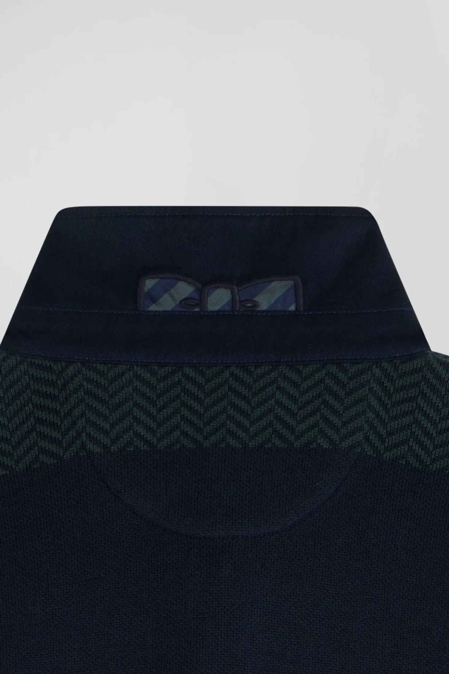 Regular green striped cotton jersey jumper with houndstooth jacquard and and rugby shirt collar