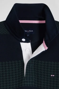 Regular green striped cotton jersey jumper with houndstooth jacquard and and rugby shirt collar