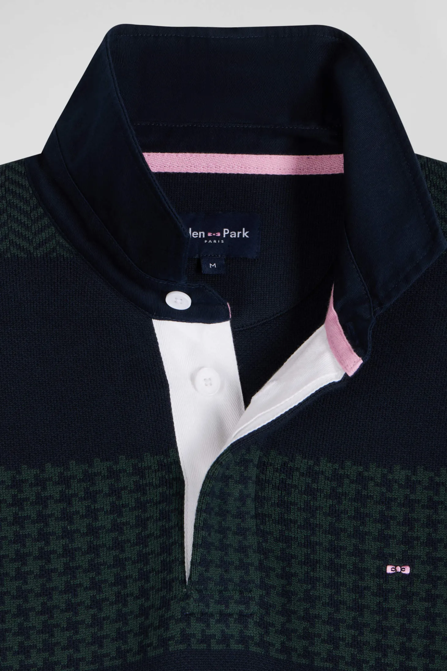 Regular green striped cotton jersey jumper with houndstooth jacquard and and rugby shirt collar