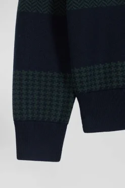 Regular green striped cotton jersey jumper with houndstooth jacquard and and rugby shirt collar