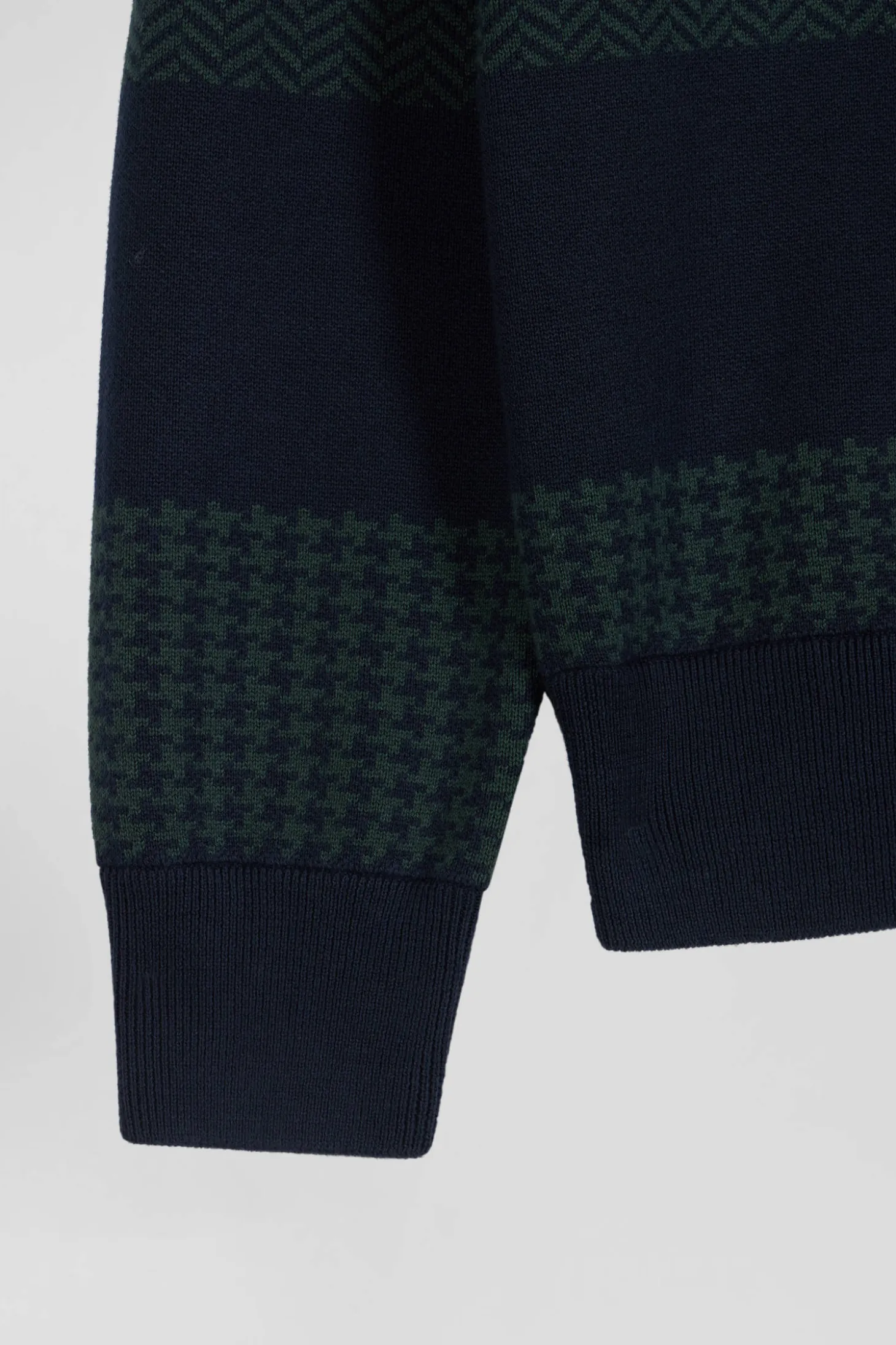 Regular green striped cotton jersey jumper with houndstooth jacquard and and rugby shirt collar