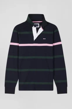 Regular green striped long-sleeved cotton rugby shirt with back embroidery