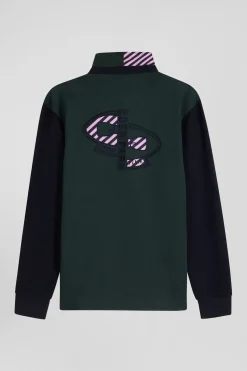 Regular green striped long-sleeved cotton rugby shirt with tie fabric patchwork