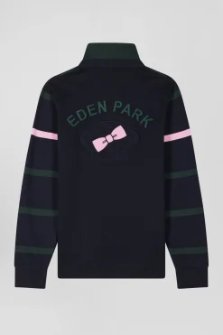 Regular green striped long-sleeved cotton rugby shirt with back embroidery
