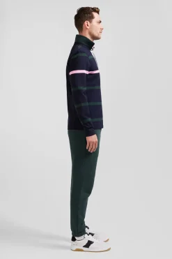 Regular green striped long-sleeved cotton rugby shirt with back embroidery