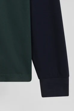 Regular green striped long-sleeved cotton rugby shirt with tie fabric patchwork