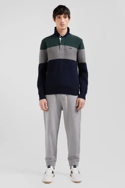 Regular green wool and cotton jumper with knit patterns and rugby shirt collar