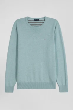 Regular green wool and cotton crew neck jumper