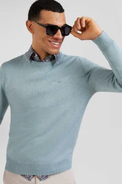 Regular green wool and cotton crew neck jumper