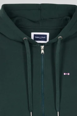 Regular green zipped brushed cotton fleece hoodie