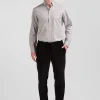 Regular greige cotton shirt with micro checks