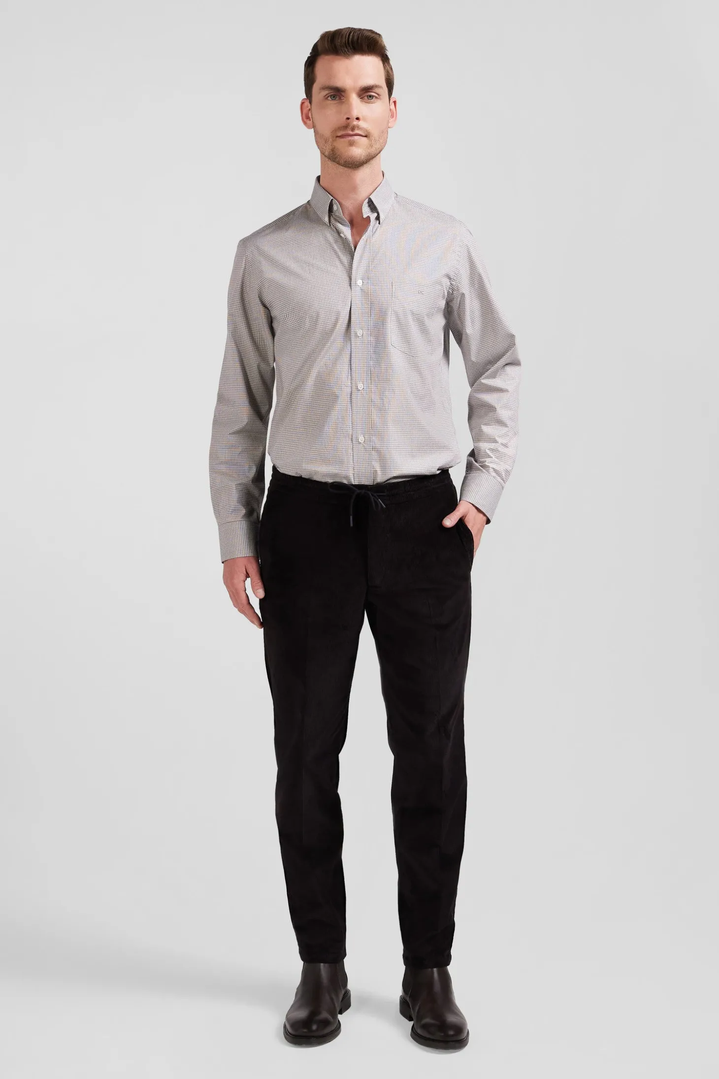 Regular greige cotton shirt with micro checks