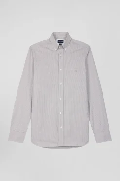 Regular greige cotton shirt with micro checks
