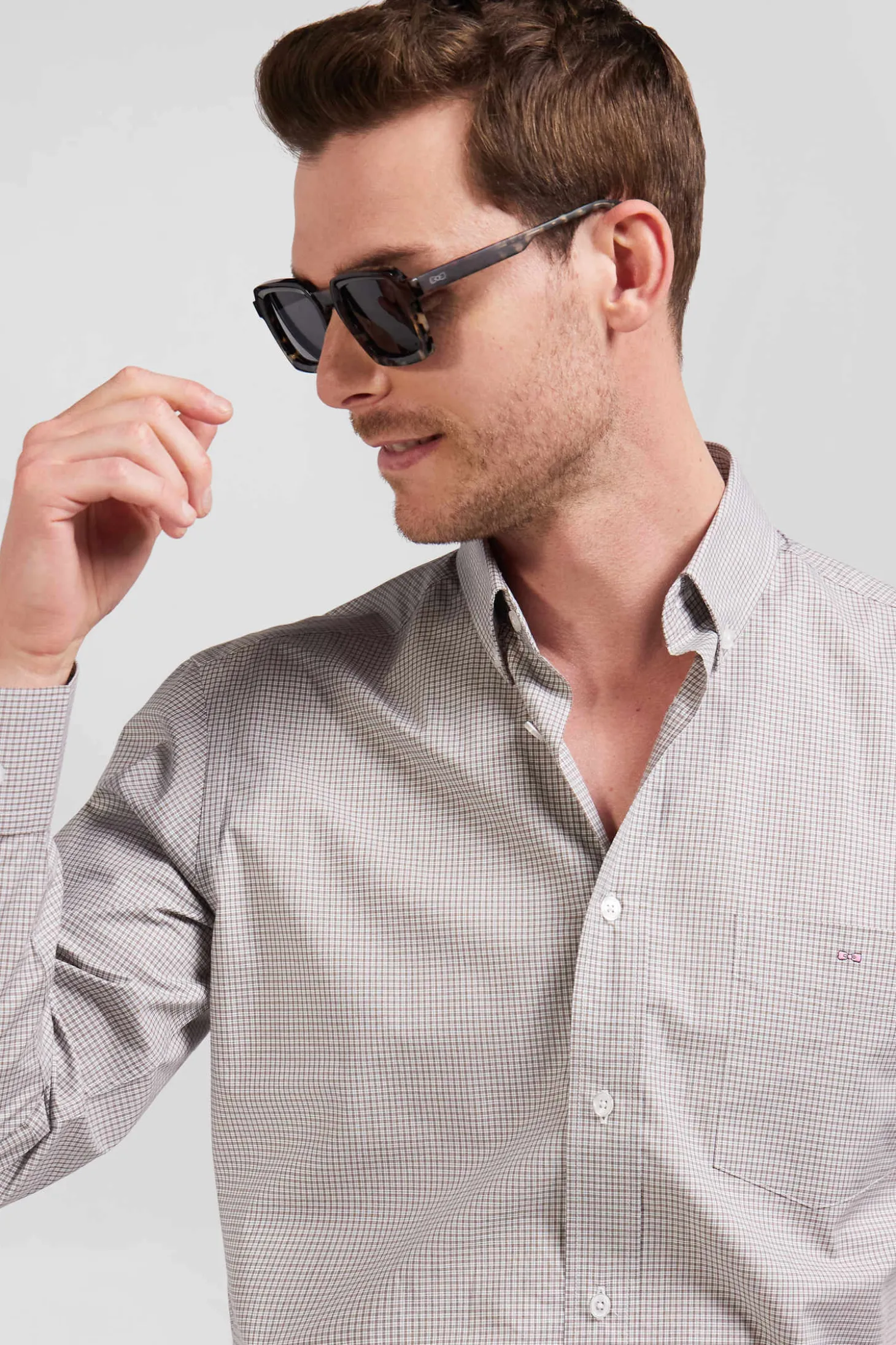 Regular greige cotton shirt with micro checks