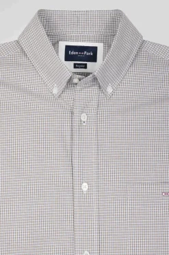 Regular greige cotton shirt with micro checks