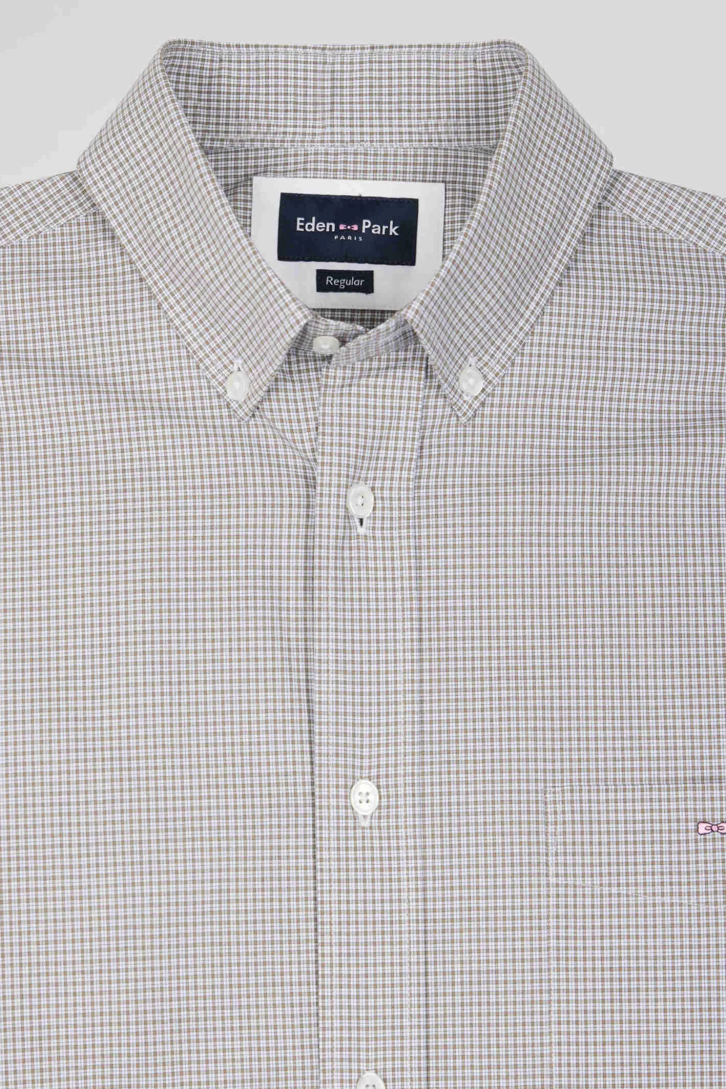 Regular greige cotton shirt with micro checks