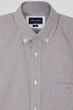 Regular greige cotton short-sleeved shirt with micro checks