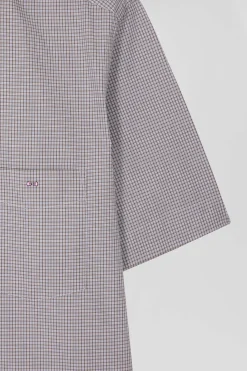 Regular greige cotton short-sleeved shirt with micro checks