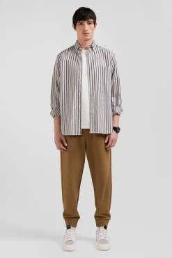 Regular greige striped cotton poplin shirt
