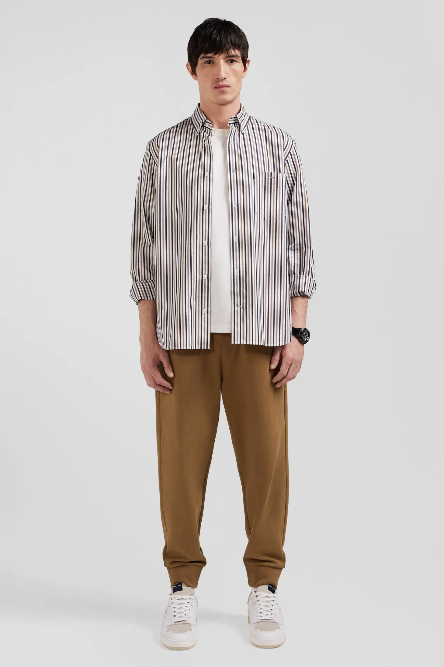 Regular greige striped cotton poplin shirt