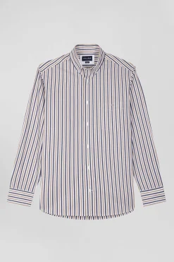 Regular greige striped cotton poplin shirt