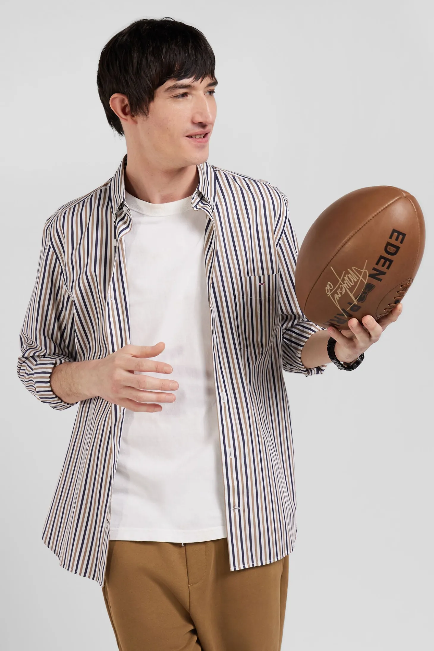 Regular greige striped cotton poplin shirt