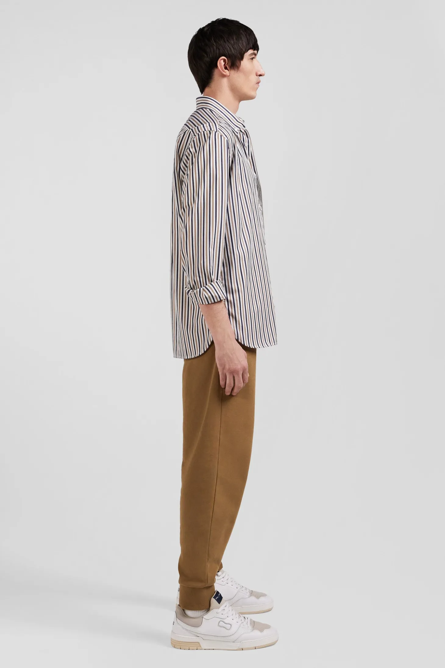 Regular greige striped cotton poplin shirt