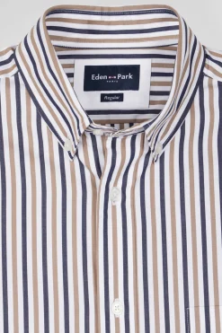 Regular greige striped cotton poplin shirt