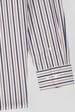 Regular greige striped cotton poplin shirt