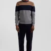 Regular grey and camel cotton crew neck jumper with knit patterns