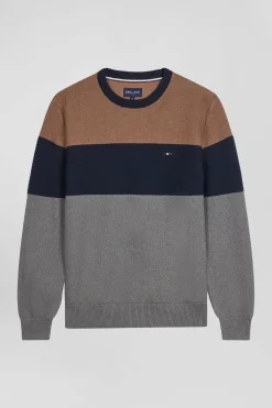 Regular grey and camel cotton crew neck jumper with knit patterns