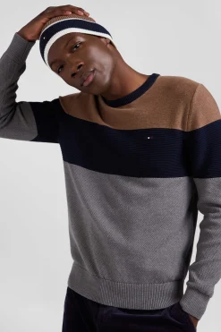 Regular grey and camel cotton crew neck jumper with knit patterns