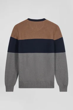 Regular grey and camel cotton crew neck jumper with knit patterns