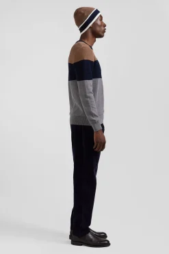 Regular grey and camel cotton crew neck jumper with knit patterns